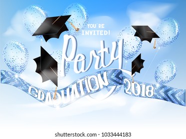 Graduation 2018 banner with sky. hats and air balloons. Vector illustration