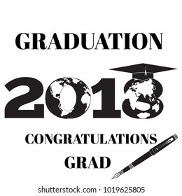 Graduation of 2018 design template. Square academic cap on the top of number eight. Congratulations grad lettering. Vector illustration.
