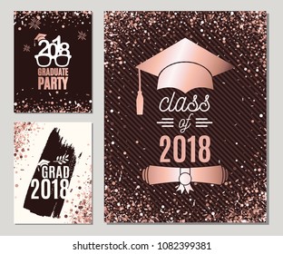 Graduation 2018 greeting cards set with rose gold confetti. Tree vector grad party invitations. Class of Grad posters. All isolated and layered