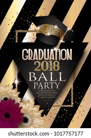 Graduation 2018 party invitation card with hat, golden frame, flowers and striped background. Vector illustration