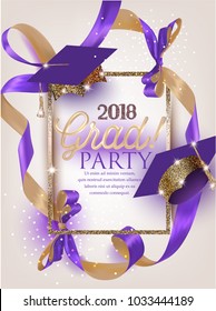 Graduation 2018 party with sparkling hats, curly long ribbon with bow and confetti. Vector illustration