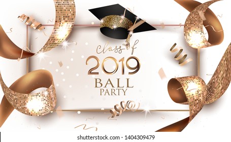 Graduation 2019 banner with golden design elements and ribbon. Vector illustration