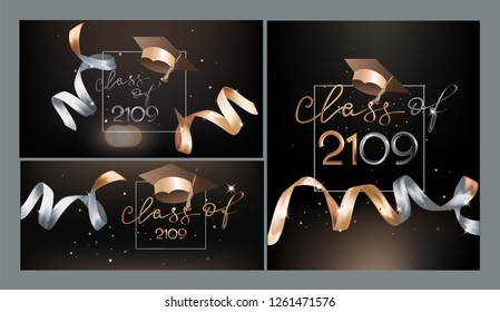 Graduation 2019 invitation cards with beautiful golden levitating ribbons and graduation caps. Vector illustration
