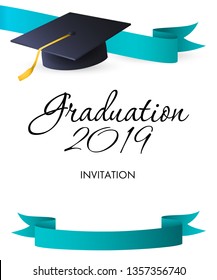 Graduation 2019 invitation design. Blue ribbons, calligraphic text and graduation hat with gold tassel. Illustration can be used for banners, posters, ceremony announcement