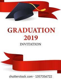 Graduation 2019 invitation design. Graduation cap with gold tassel and red ribbons. Illustration can be used for banners, posters, commencement ceremony