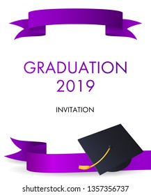 Graduation 2019 invitation design. Graduation hat with gold tassel and violet ribbons. Illustration can be used for banners, posters, ceremony announcement