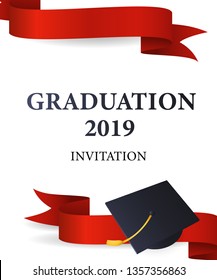 Graduation 2019 invitation design. Red ribbons and mortarboards with gold tassel. Illustration can be used for banners, posters, ceremony ad