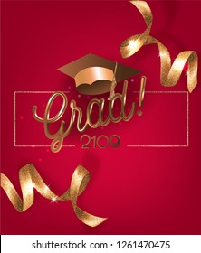 Graduation 2019 invitation red card with beautiful golden levitating ribbons and graduation caps. Vector illustration