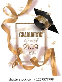 Graduation 2019 party invitation card with hat and long gold silk ribbon and confetti. Vector illustration