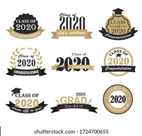 Graduation 2020  badges, signs and symbols with graduation hat and text in retro style, vector illustration. Congratulation to graduates of 2020 year.