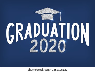 Graduation 2020. Lettering with silver glitter cap and year. Vector illustration on blue background.