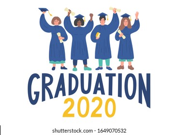 Graduation 2020. Students with diploma in graduation gown with lettering on white background. Vector illustration.