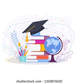 Graduation 2020 vector concept on white background. Graduate cap on a stack of books. Flat cartoon design of greeting, banner, invitation card.