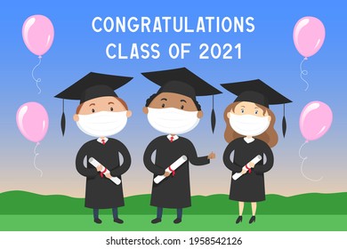 Graduation 2021 Ceremony Students Masks Vector Stock Vector (Royalty ...