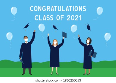 Graduation 2021 ceremony. Students in medical masks. Vector illustration.