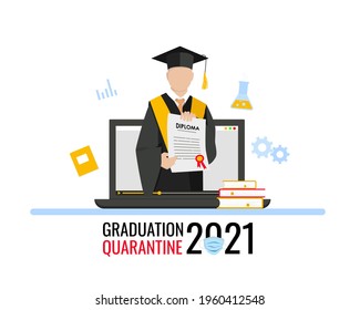 Graduation 2021 during quarantine. Celebrating online. A student with a diploma in his hands in the academic cap. Vector illustration