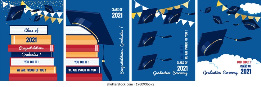 Graduation 2021 greeting banners. Stack of books, graduate hats flying in the sky. Set of flat festive vector illustrations. Graduation ceremony, party background for poster, invitation, cover, flyer