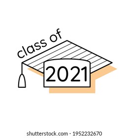 Graduation 2021 greeting card in line art style. Graduate hat icon. Black and yellow student elements. Minimalist design 