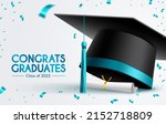 Graduation 2022 greeting vector design. Congrats graduates text with 3d mortarboard cap, diploma and confetti celebration elements for college graduate celebration. Vector illustration.
