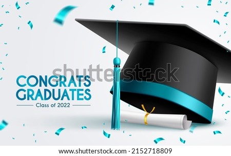 Graduation 2022 greeting vector design. Congrats graduates text with 3d mortarboard cap, diploma and confetti celebration elements for college graduate celebration. Vector illustration.
