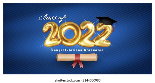 Graduation 2022 Vector text 3D gold design, congratulation event, T-shirt, party, high school or college graduate. Lettering for greeting, invitation card