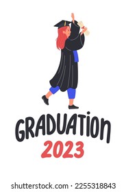 Graduation 2023. Graduated girl in academic cap and gown holding scroll. Hand drawn lettering. 