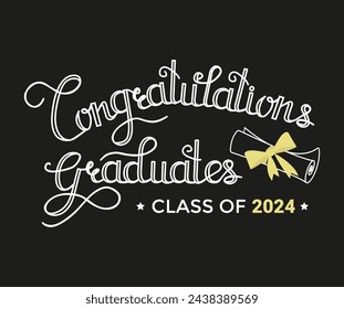 Graduation 2024 celebration vector illustration. Congratulations graduates lettering design for logo, invitation, stamps, print or greeting card.Grad ceremony template with black,gold and white colors