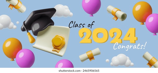 Graduation 2024 congratulation banner 3d vector design. Vibrant three dimensional render balloons and diplomas flying in the air. 