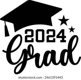 Graduation 2024 grad typography clip art design on plain white transparent isolated background for card, shirt, hoodie, sweatshirt, apparel, tag, mug, icon, poster or badge