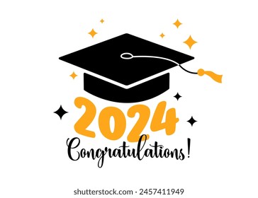 Graduation 2024 Grußkarte. Glückwunschtext. Vektorgrafik flache Abbildung. Schwarze Farbe quadratische akademische Mütze und goldene Zahlen 2024 auf weißem Hintergrund. Mortarboard-Graduiertenzeichen