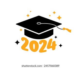 Tarjeta de felicitación de la graduación 2024, cartel. Ilustración plana de Vector. Gorra académica de color negro y números dorados 2024 sobre fondo blanco. Símbolo de graduado de cartón.