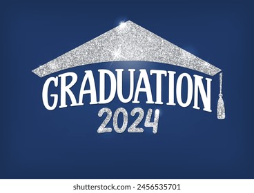 Graduation 2024. Lettering in form of silver glitter cap. Vector illustration on blue background.