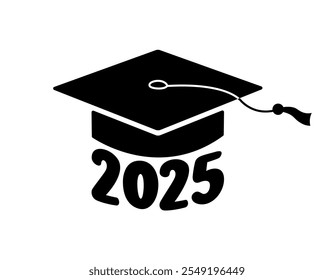 Graduación 2025 ilustración plana de Vector de color negro. Tarjeta de felicitación, cartel, diseño de sublimación. Gorra académica aislada sobre fondo blanco y número 2025. Símbolo de graduado de mortero.