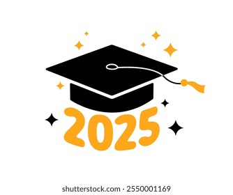 Tarjeta de felicitación de la graduación 2025, cartel. Ilustración plana de Vector. Gorra académica de color negro y números dorados de 2025 sobre fondo blanco. Símbolo de graduado de mortero.