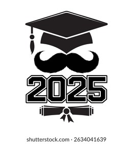 Graduation 2025 Mustache Cap Scroll Diploma Icon Design