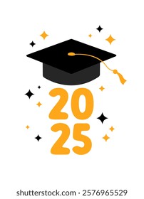 Graduation 2025 vector illustration. Graduate greeting card, poster. Black colored academic cap and golden 2025 numbers on white background. Mortarboard graduate symbol