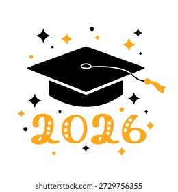 Abschluss 2026, Vektorgrafik, Druck, Grußkarte, Poster. Einfaches flaches Design. Schwarze Farbe akademische Mütze, Sterne und gelbe 2026 Textnummer auf weißem Hintergrund. Mortarboard Graduate Symbol.
