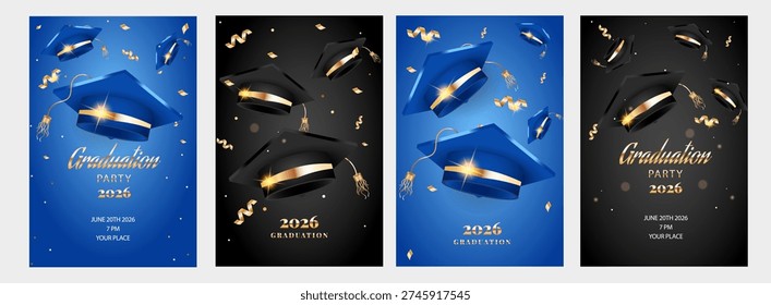 Graduation 2026 vertical banners set. Realistic 3D blue and black mortarboards with gold tassels and confetti. Professional invitation templates for university ceremony and school party.
