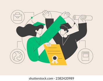 Graduation abstract concept vector illustration. Graduation day, getting an academic degree, announcements, caps in air, happy students with diploma, parents congratulate, prom abstract metaphor.