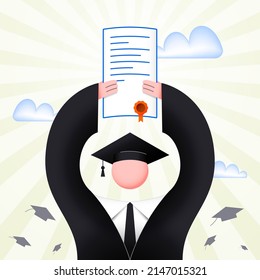 Graduation abstract illustration. A graduate in an academic gown with a diploma raised up.
