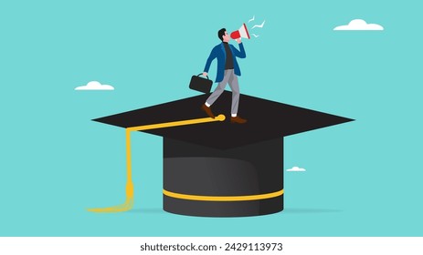 graduation announcement, people use megaphones to announce graduation on graduation cap concept vector illustration