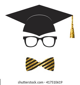 Graduation avatar icon. Gold glitter and black silhouette. Design element for grad party or ceremony invitation, greeting card design. Vector flat. Graduation hat, bow tie and glasses.