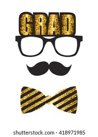 Graduation avatar icon. Gold glitter and black graduate silhouette. Design element for graduation party or ceremony invitation, greeting card design. Vector flat. Grad glasses, bow tie and mustache.