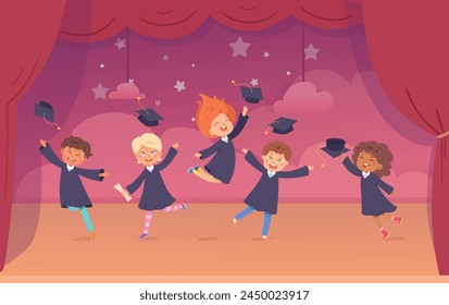 Ilustración vectorial de la ceremonia de graduación. Escena de caricatura de celebración con niños en batas, niños y niñas felices saltando al escenario de teatro escolar y levantando sombreros académicos.