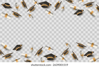 Graduation Background With 3D Diplomas and Caps Flying Around a Transparent Frame. Ideal for Ceremonies, Invitations, or Education Designs. Vector Illustration.