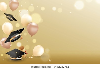 Graduation background with graduation cap and gold balloons