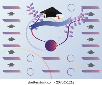 Graduation background with graduation cap and leaves, gradient colors, flags for congratulations. Graduation hat. Vector illustration.