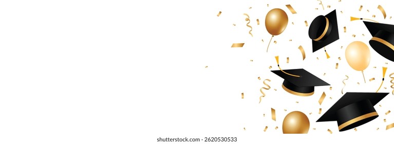 Graduation background with graduation caps, balloons and gold confetti. School and university graduation celebration frame design. Vector illustration