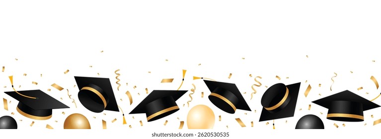 Graduation background with graduation caps, balloons and gold confetti. School and university graduation celebration frame design. Vector illustration
