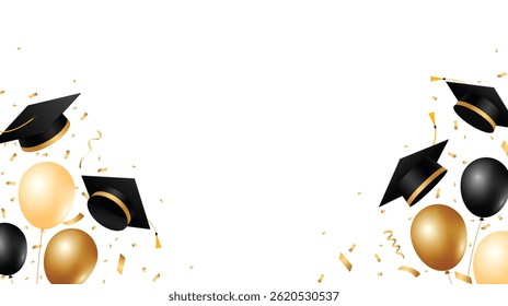 Graduation background with graduation caps, balloons and gold confetti. School and university graduation celebration frame design. Vector illustration